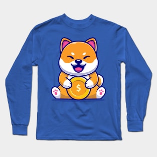 Cute Shiba Inu Dog With Gold Coin Cartoon Long Sleeve T-Shirt